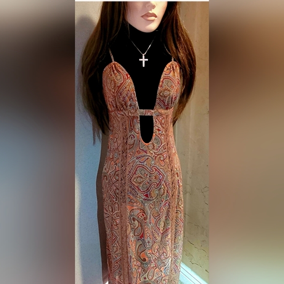 Victoria's Secret Vintage Rust Paisley Strapless Slip Dress Cutout Maxi Dress XS - Picture 7 of 15